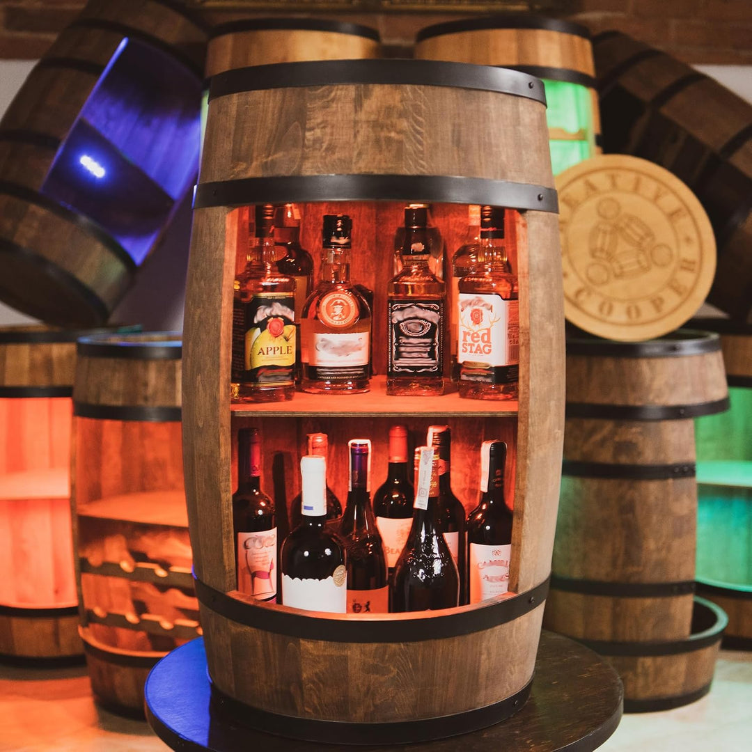 CREATIVE COOPER Fass bar LED RGB mit Weinhalter - Weinregal - Holzfass Hausbar 80x50cm - Rustikaler