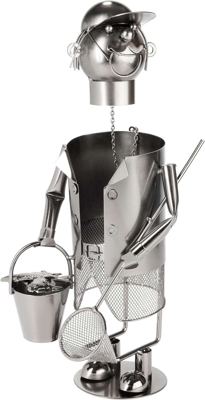 BRUBAKER Weinflaschenhalter Angler mit Kescher - Metall Flaschenhalter Angeln - 35 cm Wein Geschenk