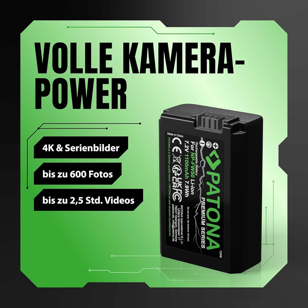 PATONA Premium NP-FW50 2X (1030mAh) - mit USB Dual Ladegerät 1964 - ZV-E10 - DSC RX10 - Alpha 6100 6
