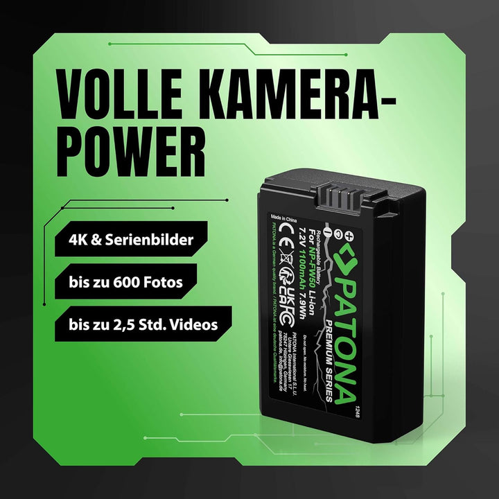 PATONA Premium NP-FW50 2X (1030mAh) - mit USB Dual Ladegerät 1964 - ZV-E10 - DSC RX10 - Alpha 6100 6