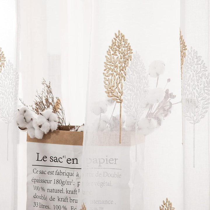 MIULEE Vorhänge mit Braun und Weiss Blätter Muster, Stickerei Vorhang Transparent, Ösen Gardinen Für