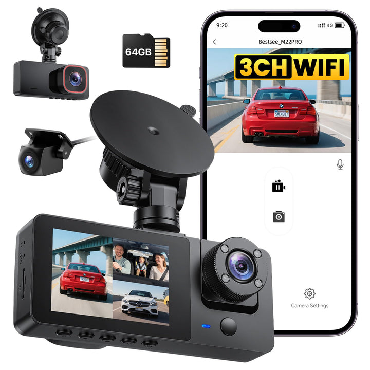 Bestsee 1080P Dashcam Auto Vorne Hinten und Innen mit 64GB SD-Karte, Autokamera mit Parküberwachung,