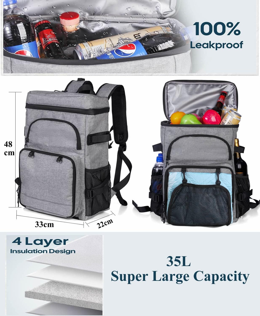 DEWUR Kühlrücksack 35L Thermo Rücksack Kühltasche Wasserdichter Picknickrücksack mit Flaschenöffner