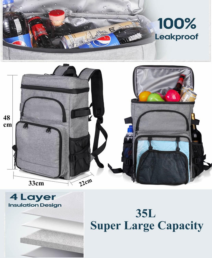 DEWUR Kühlrücksack 35L Thermo Rücksack Kühltasche Wasserdichter Picknickrücksack mit Flaschenöffner