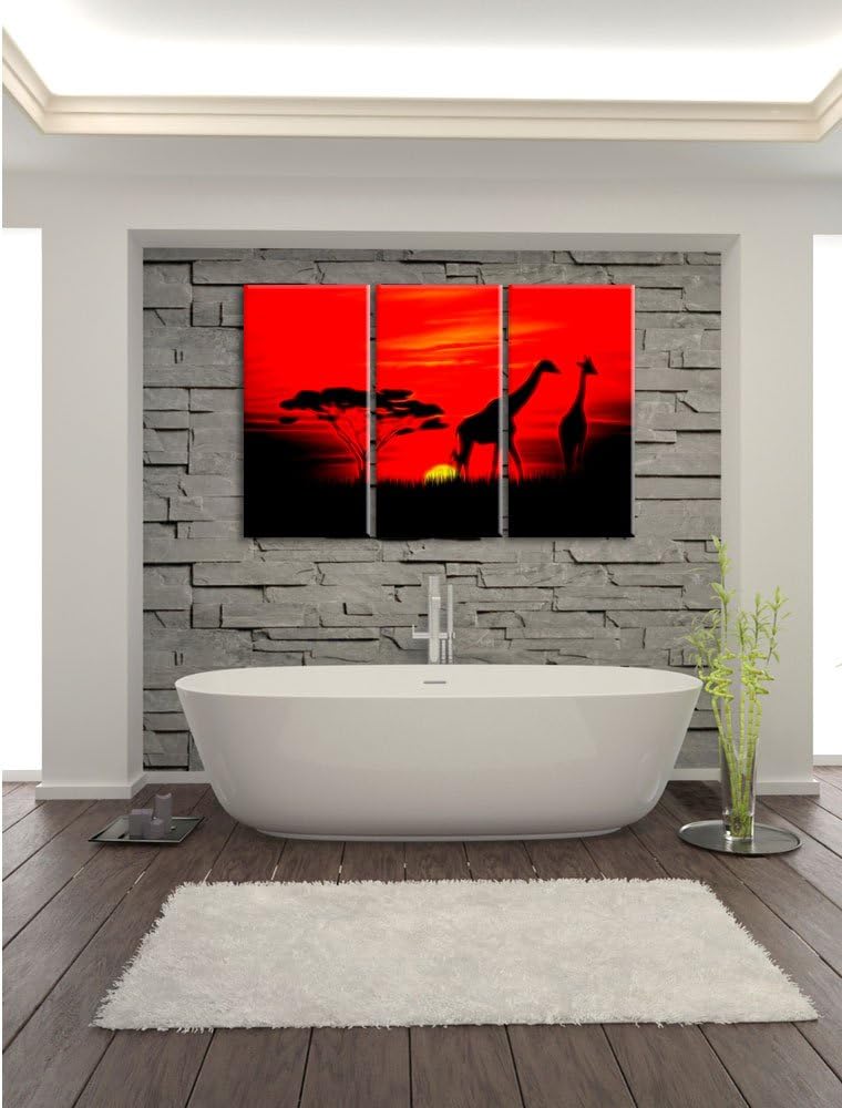 Pixxprint Giraffen im Sonnenuntergang / 3-Teilig/Gesamtmass 120cm Leinwandbild bespannt auf Holzrahm