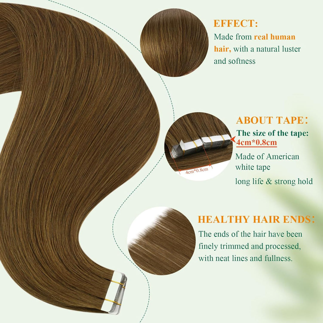Easyouth Tape in Extension Echthaar Braun Skin Weft Tape on Haar Farbe Mittelbraun 30 cm 30g Echthaa