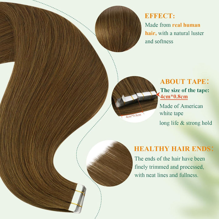 Easyouth Tape in Extension Echthaar Braun Skin Weft Tape on Haar Farbe Mittelbraun 30 cm 30g Echthaa