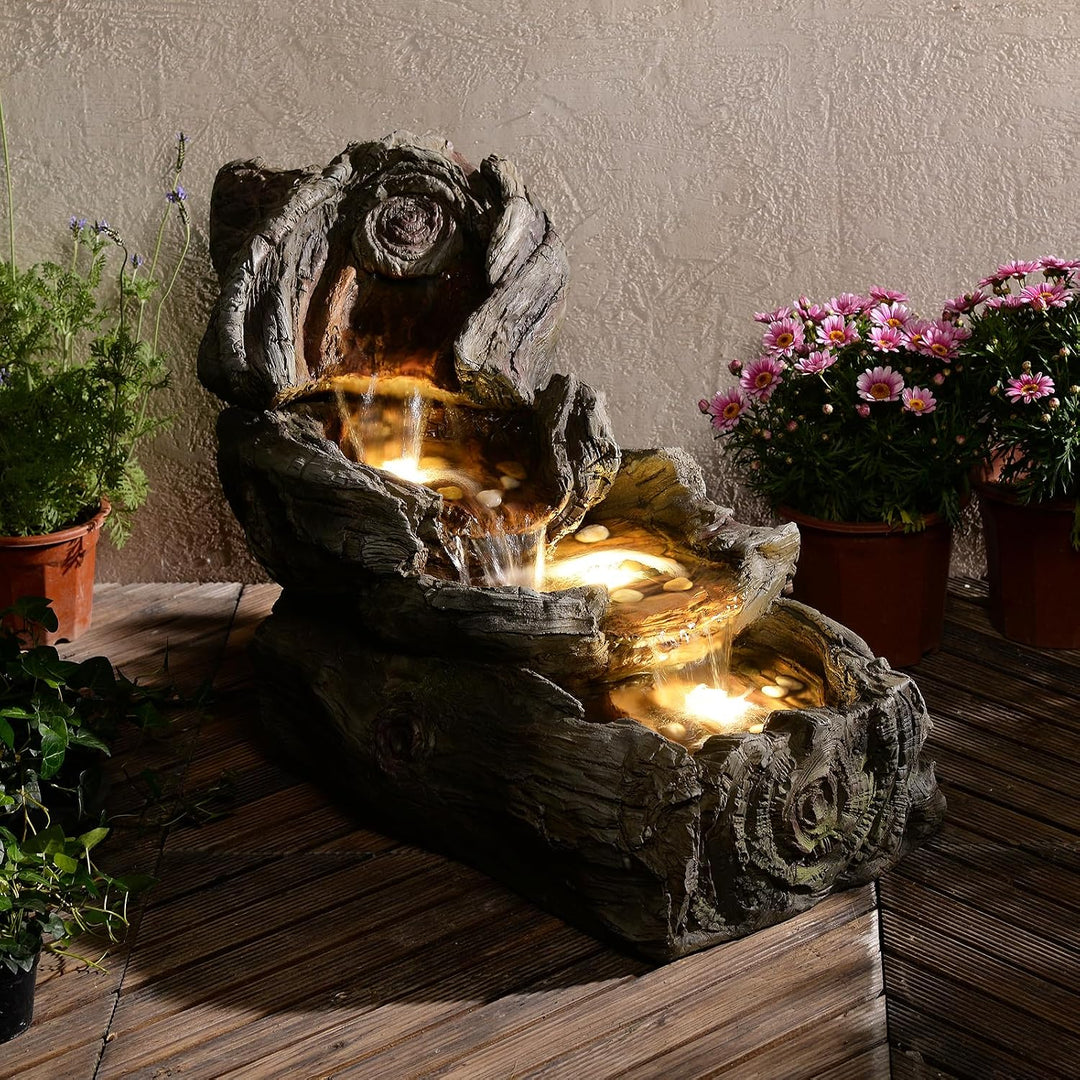 Sunlinua 4-stufige Gartenbrunnen in Holzoptik aus Harz mit LED-Beleuchtung – 80 cm Wasserfall, Garte