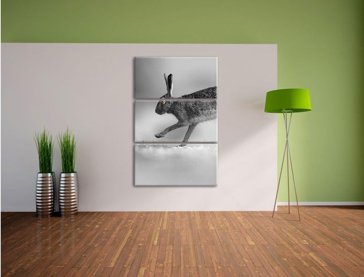 Pixxprint Springender Feldhase schwarz/weiss / 3-Teilig/Gesamtmass 120cm Leinwandbild bespannt auf H