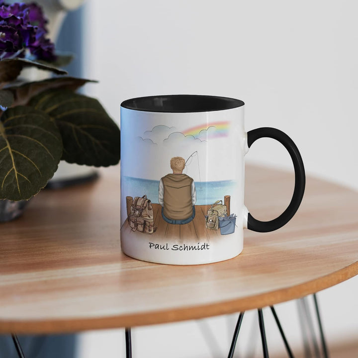 Angler Tasse Schwarz Personalisiert Individuell mit Name Angeln Fischen Geschenk Opa Vater zum Vater