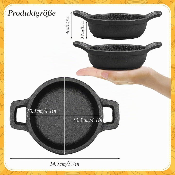 4 teilig Mini Gusseisen Grillpfännchent, Kleine Gusseisenpfanne mit Griff Ø 10cm Rund Servierpfanne,