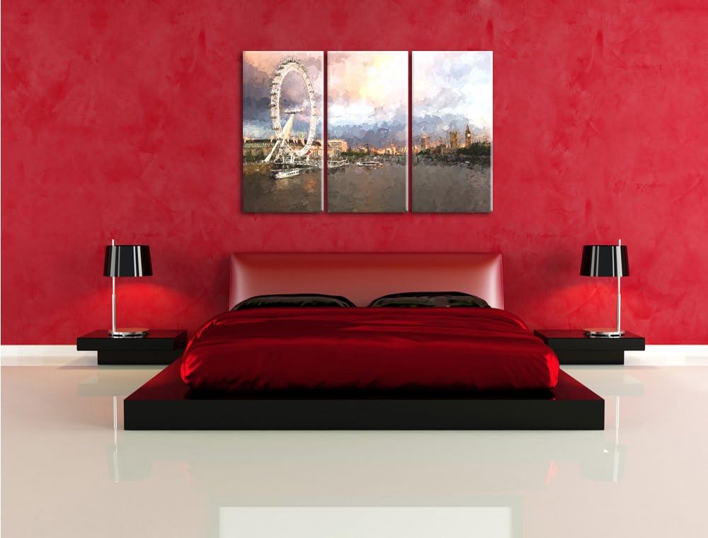Pixxprint Riesenrad, London Eye Malerei Effekt 3-Teiler Leinwandbild 120x80 Bild auf Leinwand