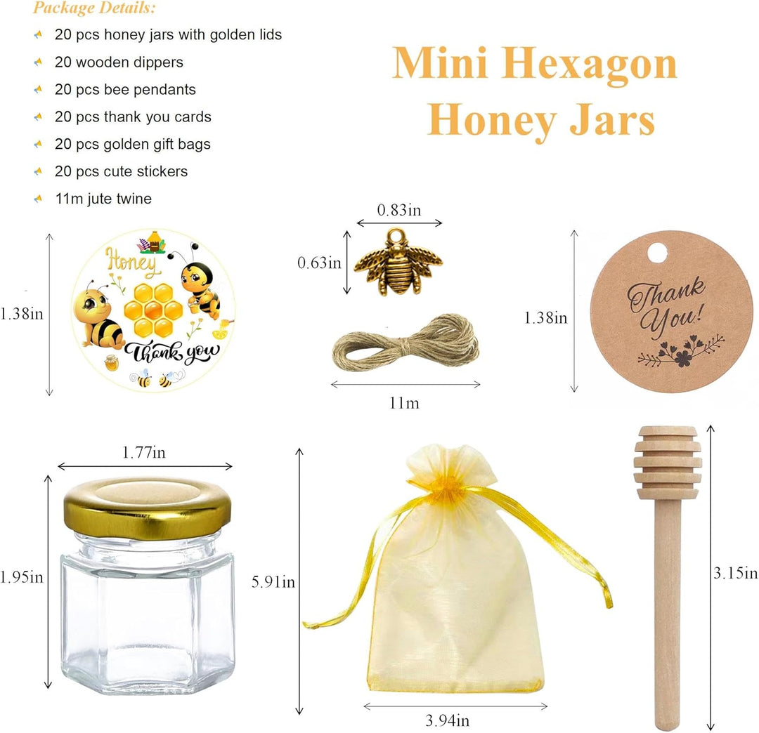 20 Pack 1.5 oz Hexagon Mini Glas Honig Gläser mit hölzernen Dippers, Bienen Anhänger, goldene Gesche