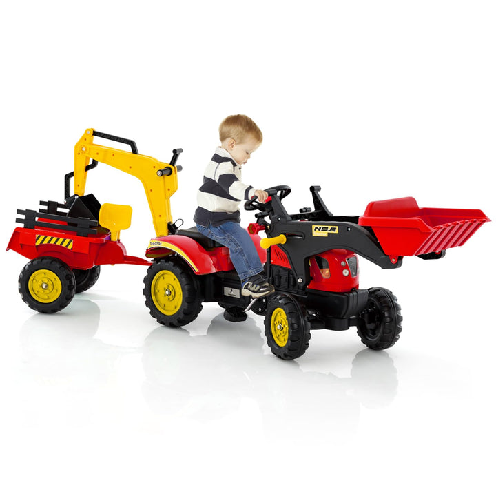 DREAMADE Trettraktor, Kindertraktor mit Anhänger &amp; Schaufel &amp; Frontlader, Kinderbagger Sitzbagger mi