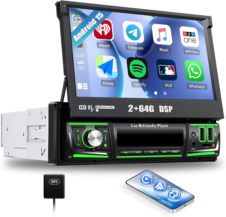 CAMECHO [Android 15] 2+64G 7 Zoll Autoradio 1 Din Wireless Carplay Touchscreen Navi Radio Ausfahrbar