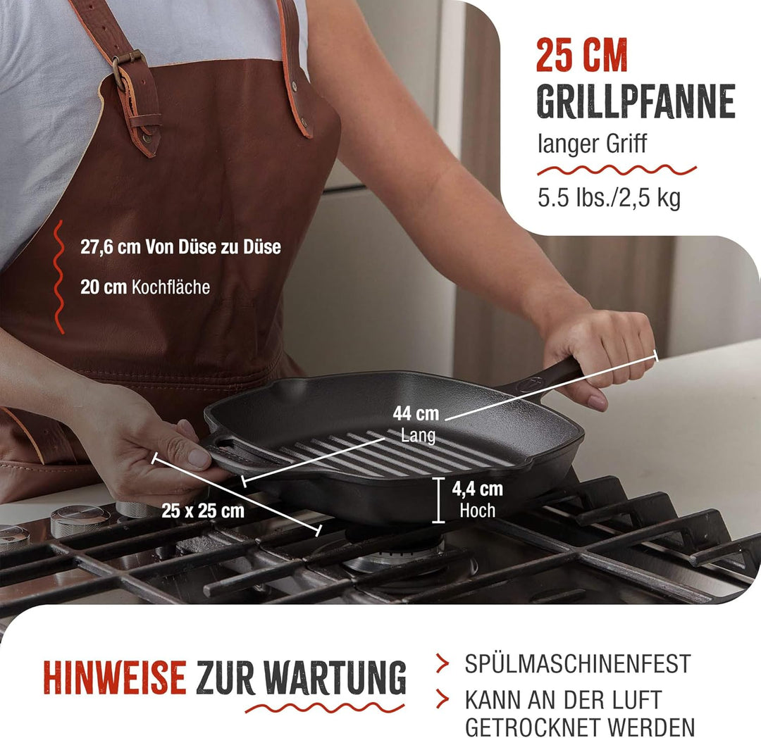 VICTORIA Grillpfanne Emaillierte Gusseisen Induktion 25x25cm Bratpfanne Geeignet für Feuer, Grill, B