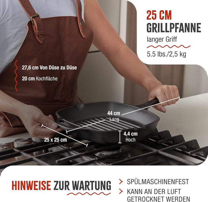 VICTORIA Grillpfanne Emaillierte Gusseisen Induktion 25x25cm Bratpfanne Geeignet für Feuer, Grill, B