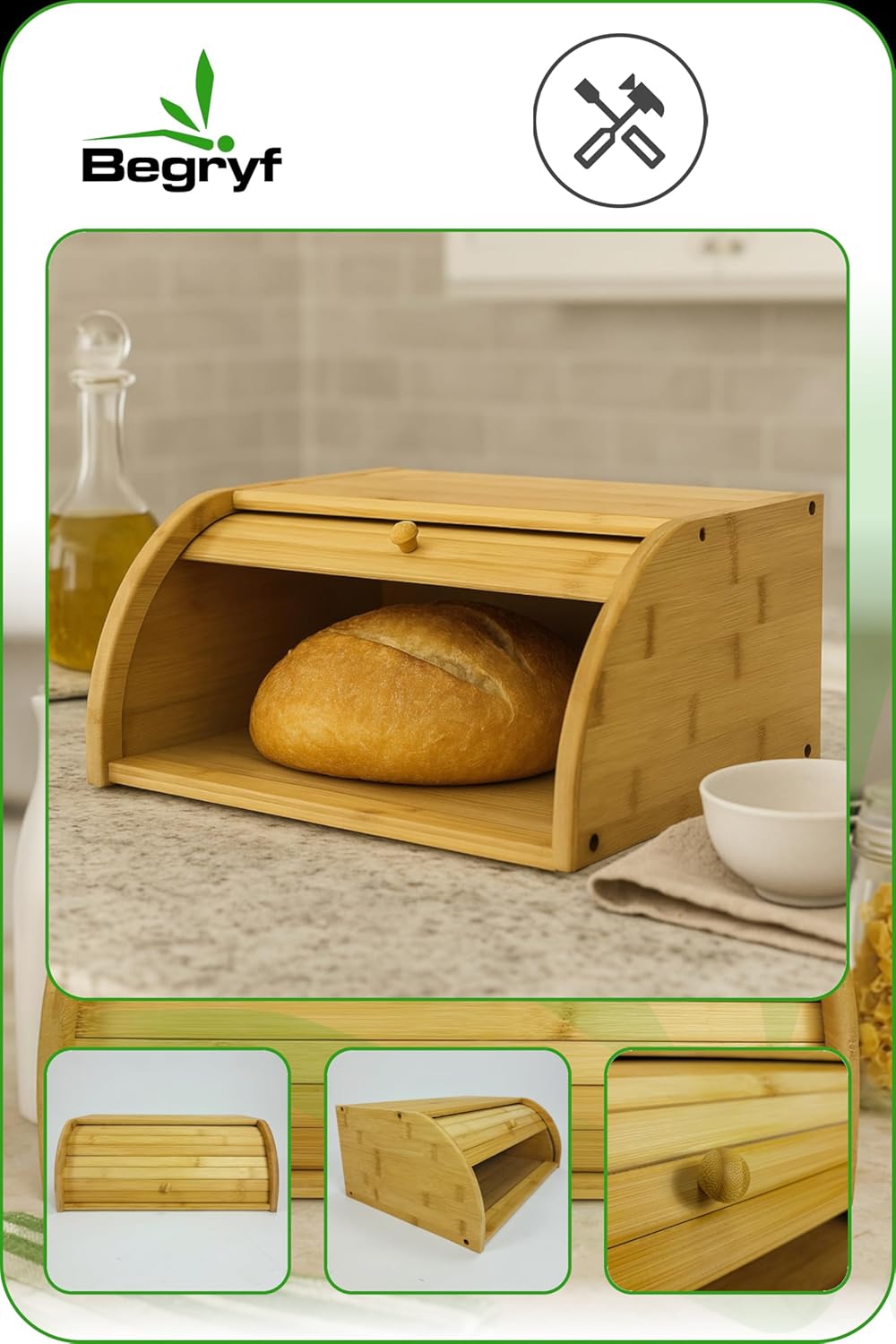Brotkasten 40,5 cm aus Bambus, Rollbrotkasten mit Klappdeckel, Brotdose für Küche und Arbeitsplatte,