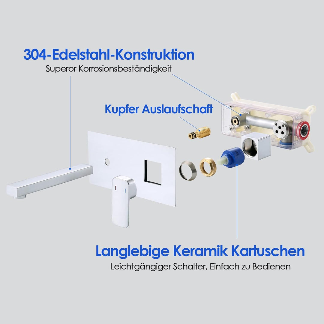 ROVOGO Wandmontage Waschtischarmatur Unterputz mit Schutzkappe, Edelstahl 304 Wasserhahn Bad Einhebe