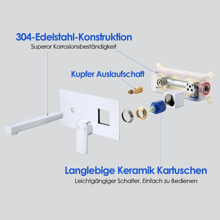 ROVOGO Wandmontage Waschtischarmatur Unterputz mit Schutzkappe, Edelstahl 304 Wasserhahn Bad Einhebe