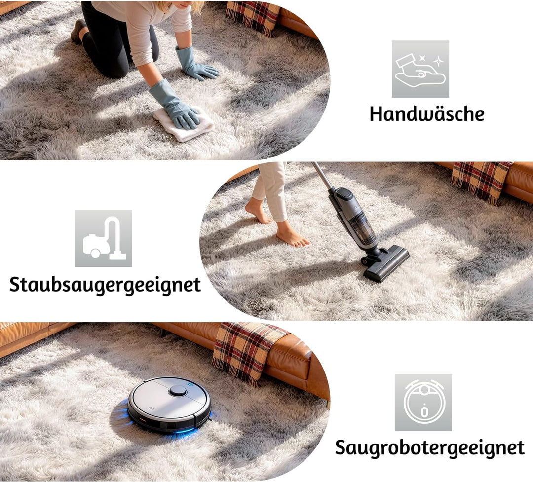 Teppich Rund Wohnzimmer 150 cm Hellgrau Schlafzimmer Hochflor-Teppich Waschbarer Anti-Rutsch Weicher