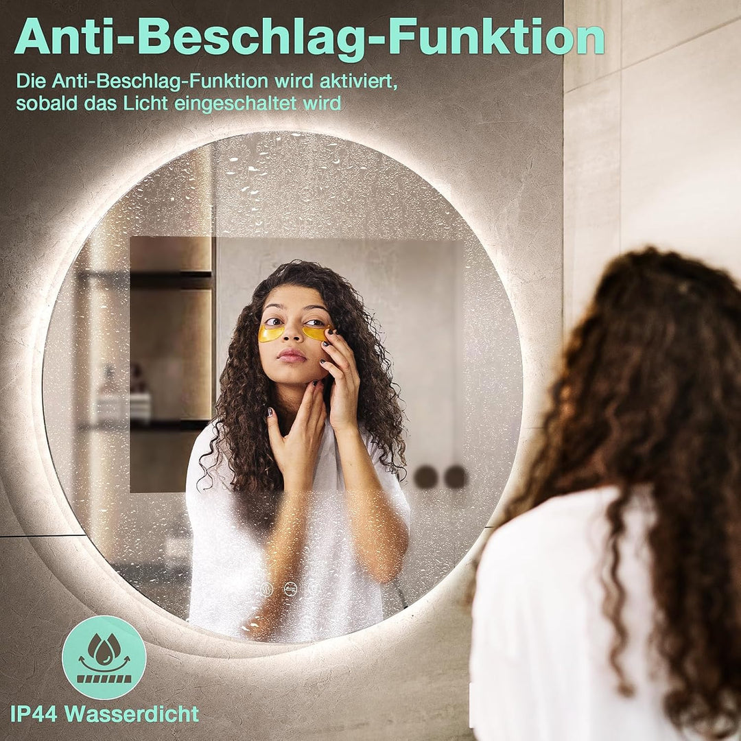 Badspiegel mit Beleuchtung, Runder Badezimmerspiegel 60 cm mit 3 Lichtfarben, Dimmbar, Touch-Schalte