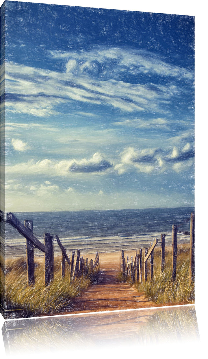 Pixxprint Weg zum Strand am Meer Kunst Buntstift Effekt, Format: 100x70 auf Leinwand, 100x70