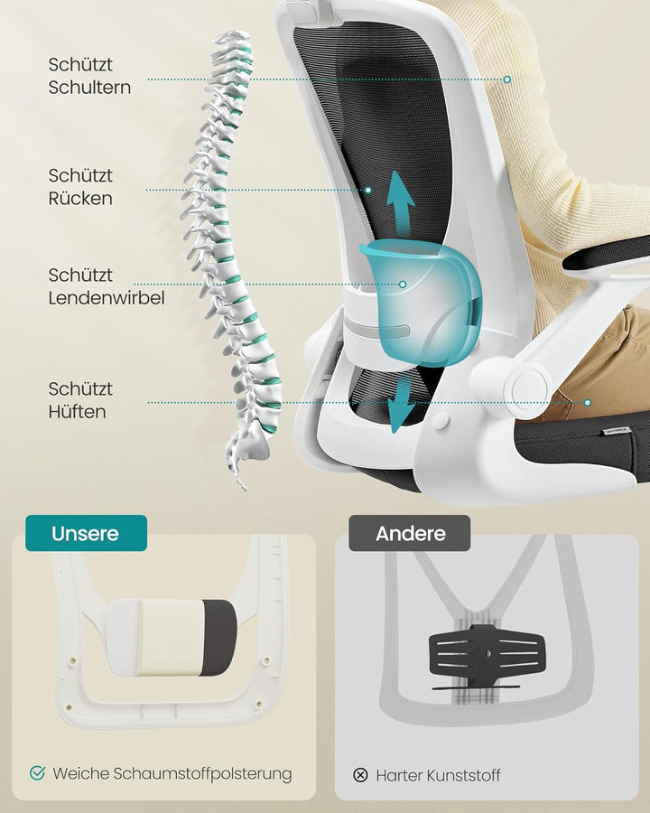 SONGMICS Bürostuhl ergonomisch, Schreibtischstuhl klappbare armlehne, 360° Drehstuhl, verstellbare L