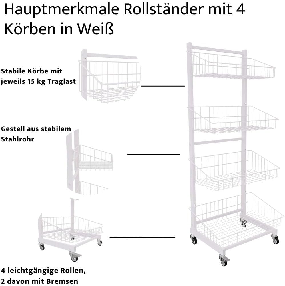 Verkaufsständer mit 4 Körben Rollständer Stapelkorb Wühlkorb Warenständer Gitterständer weiss lackie
