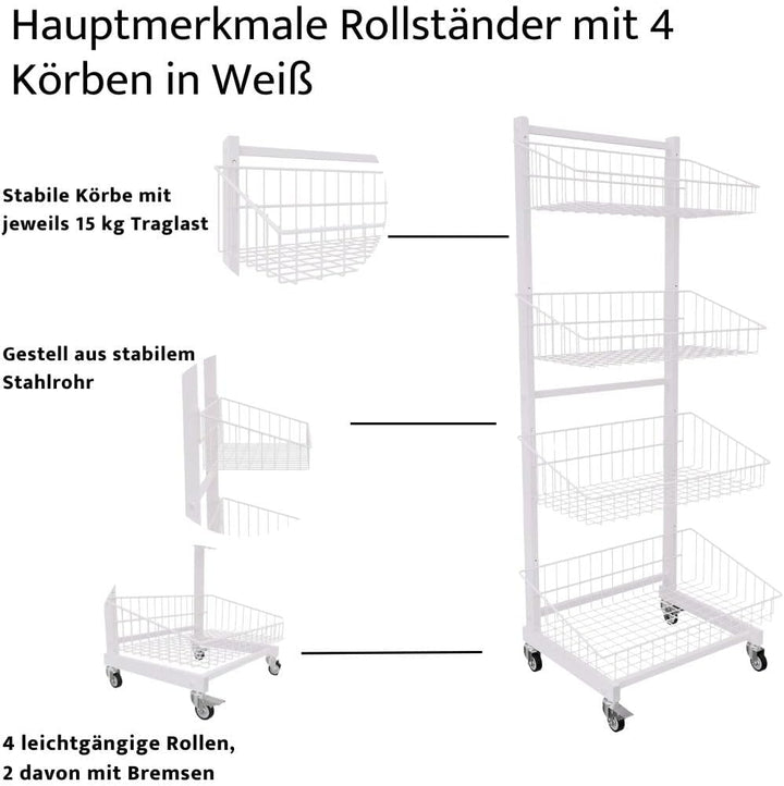 Verkaufsständer mit 4 Körben Rollständer Stapelkorb Wühlkorb Warenständer Gitterständer weiss lackie