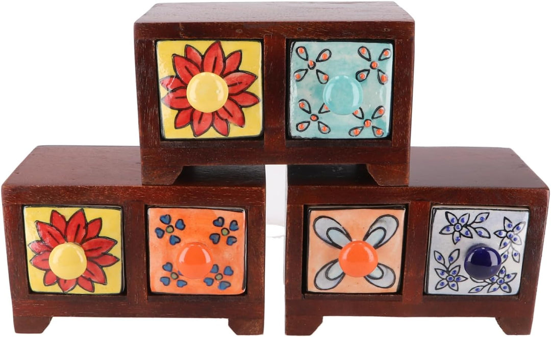GURU SHOP Apothekerschränkchen mit Bunten Keramik Schubfächern, Gewürzkiste - 2 Fächer Modell 2, 10x