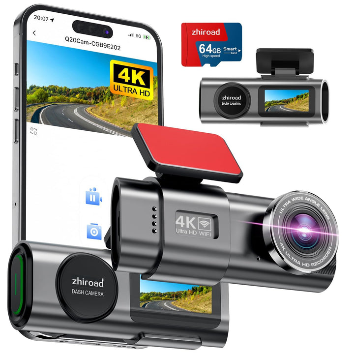 4K WiFi Dashcam Auto Vorne,App-Steuerung Auto Dashcam mit 64G SD-Karte und Abnehmbare Halterung,1.47