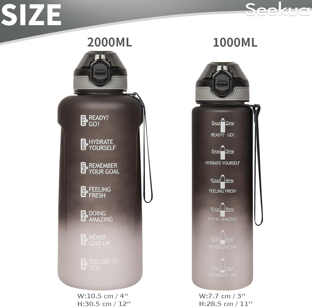 Seekua Sport Tritan Trinkflasche 1l mit Strohhalm & Zeitmarkierung, Grosse Wasserflasche mit Uhrzeit