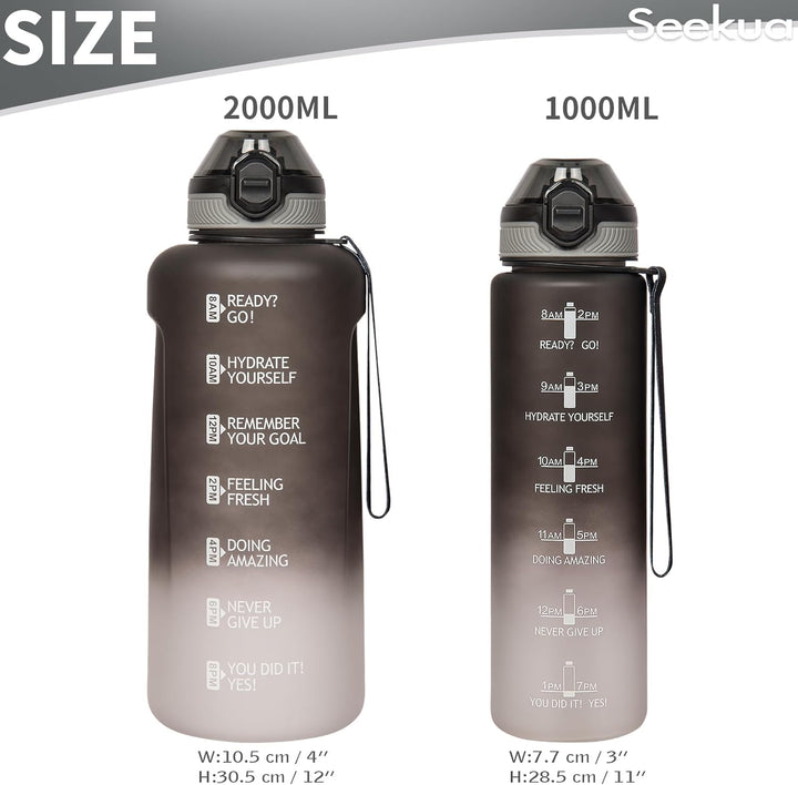 Seekua Sport Tritan Trinkflasche 1l mit Strohhalm & Zeitmarkierung, Grosse Wasserflasche mit Uhrzeit