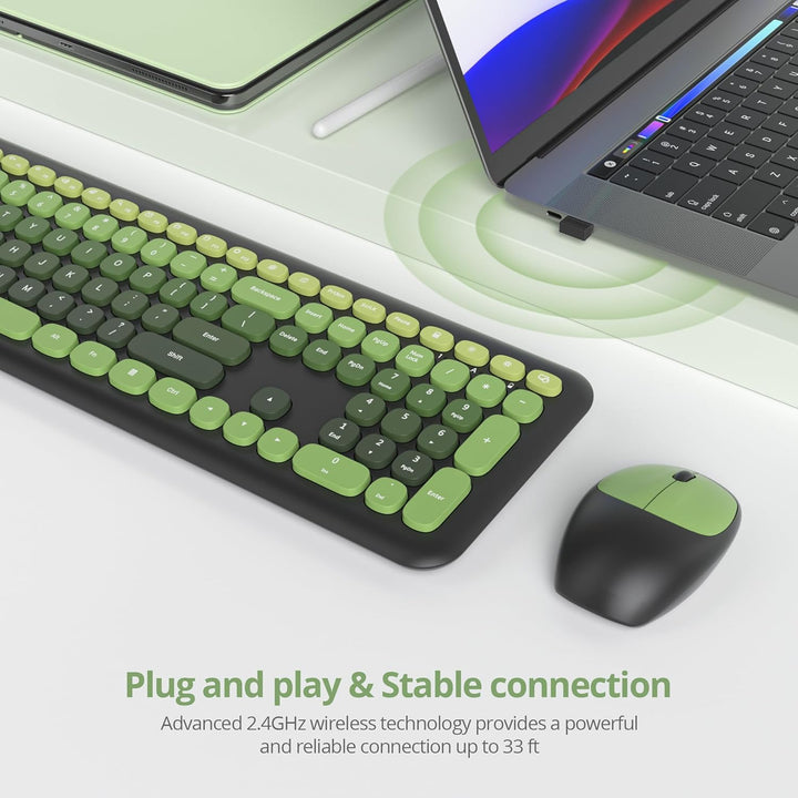 Tastatur und Maus Kabellos, Retro Bunt Tastatur Funktastatur mit Stille Mouse Amerikanisch QWERTY, C