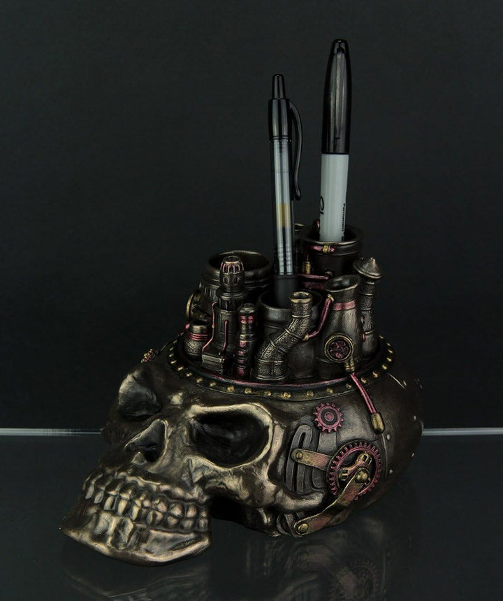 Unbekannt Harz Statuen Bronze Finish Steampunk Stil Menschlicher Schädel Kamin Desktop Stifthalter 1