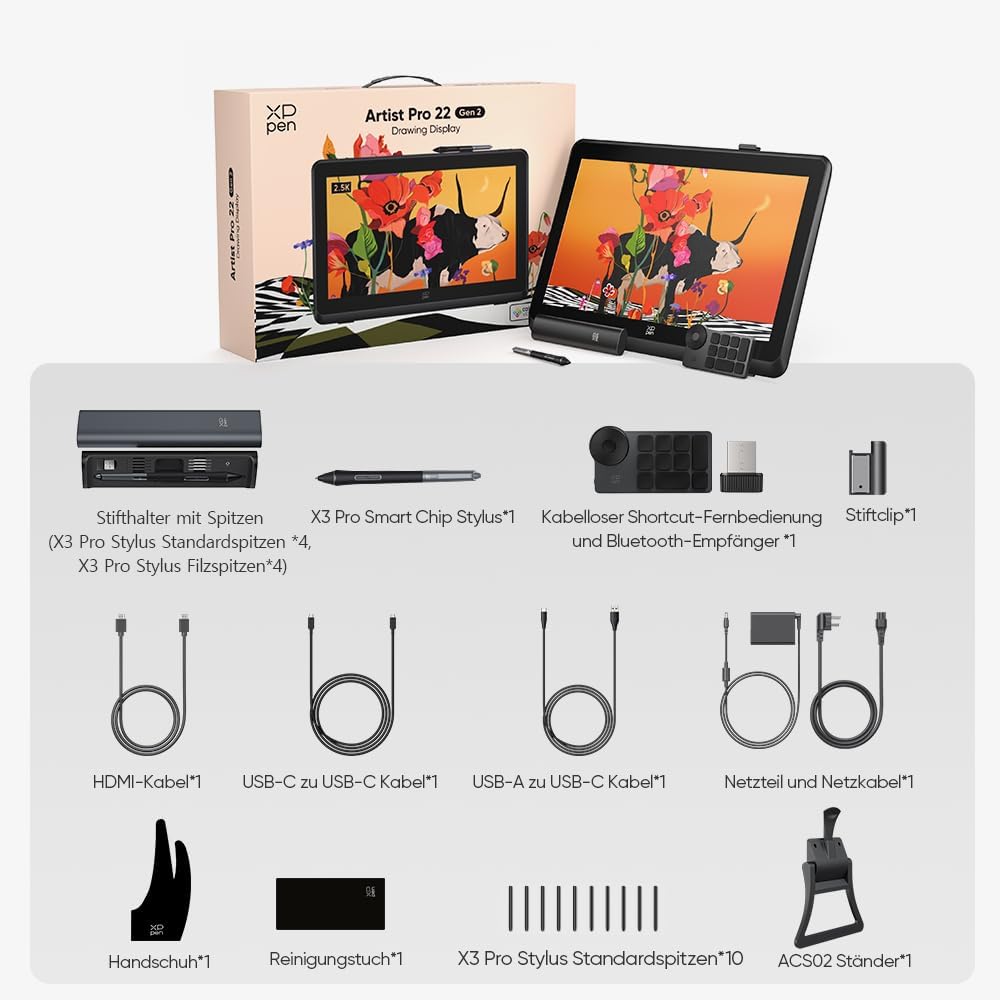 XPPen Artist Pro 22 Gen 2 Grafiktablett mit Display 22 Zoll, 2.5K QHD, Zeichnen Tablett mit 16K Stif