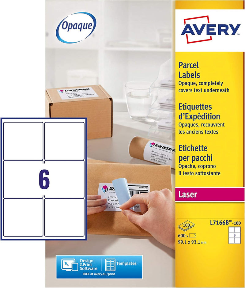 Avery L7166B Selbstklebende Paket-Etiketten, Laserdrucker, 6 Etiketten pro A4-Blatt, 600 Etiketten,