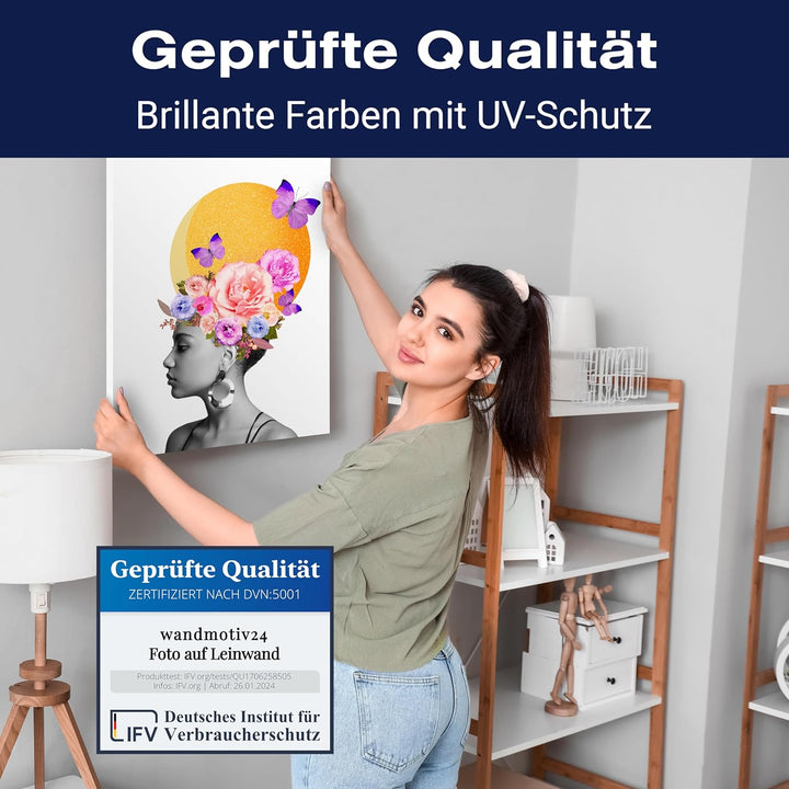 wandmotiv24 Leinwandbild Digital Art, 100x75cm, Hochformat, Frau, Blumen, Schmetterling, Deko, Bilde