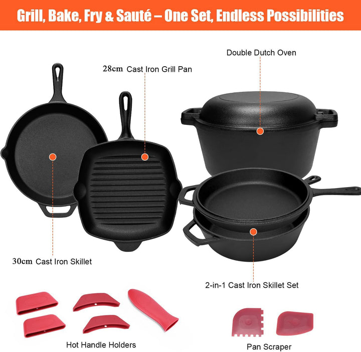 GFTIME Gusseisen Kochgeschirr Set 5-teilig, Gusseisen mit Dutch Oven 5 QT, Schmortopf 3,2 QT mit Pfa