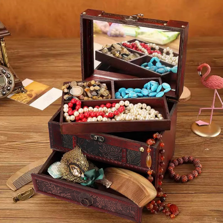 Vintage Handgefertigte Aufbewahrungsbox, Retro-Schmuckkästchen/Aufbewahrungsbox Aus Holz Mit Spiegel