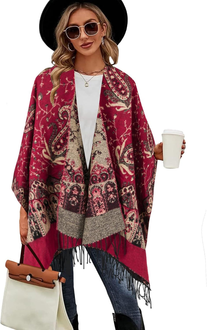 breezy lane Damen Poncho Schal Retro-Stil Bedruckt Umhang Übergrosse Decke Cardigans für Herbst und