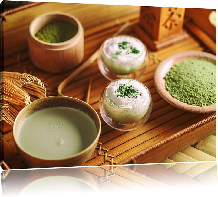 Pixxprint schön dekorierter Matcha Tee / 100x70cm Leinwandbild bespannt auf Holzrahmen/Wandbild Kuns