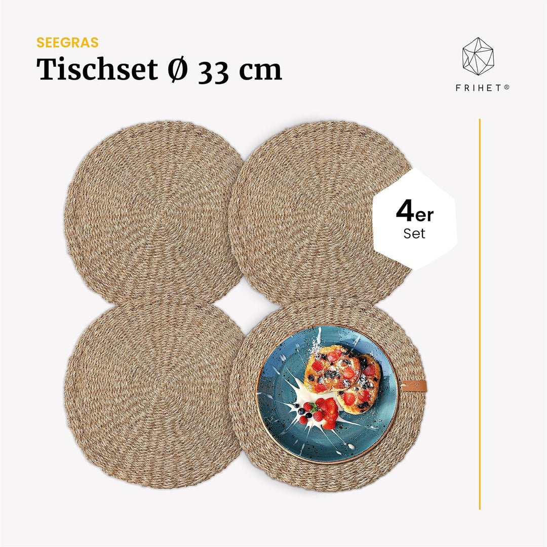 FRIHET® Platzsets rund aus Seegras für Tischdeko | Platzdeckchen für den Esstisch | 4er Tischset Nat