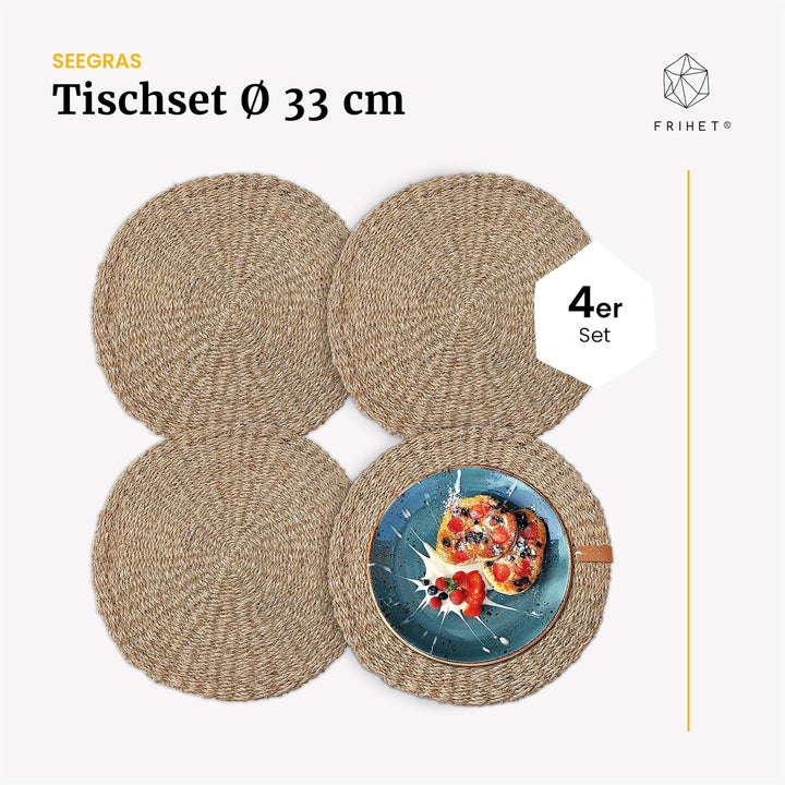FRIHET® Platzsets rund aus Seegras für Tischdeko | Platzdeckchen für den Esstisch | 4er Tischset Nat