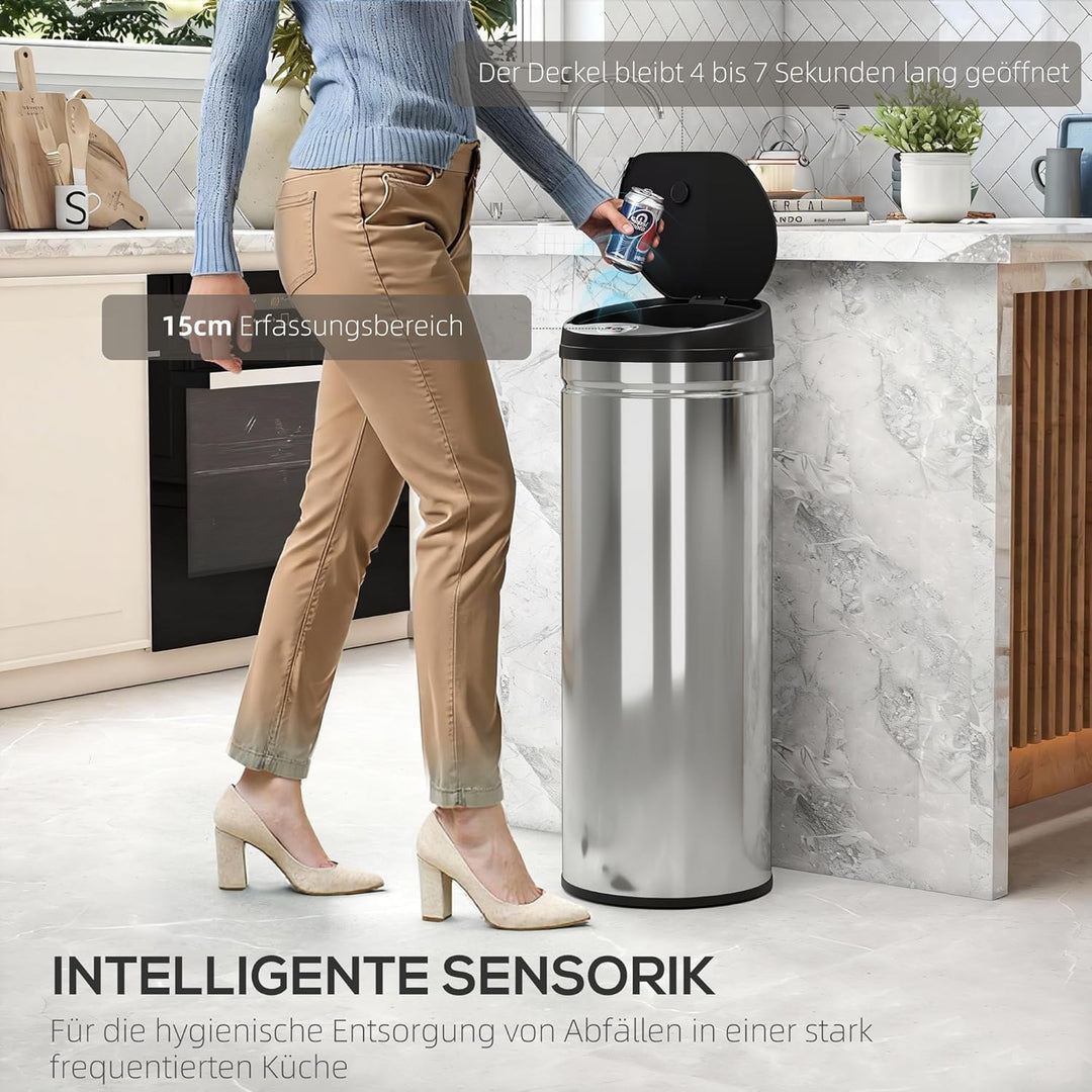 HOMCOM Mülleimer mit Sensor 50L Edelstahl Automatischer Leiser Mülleimer mit Soft-Close-Deckel, Bewe