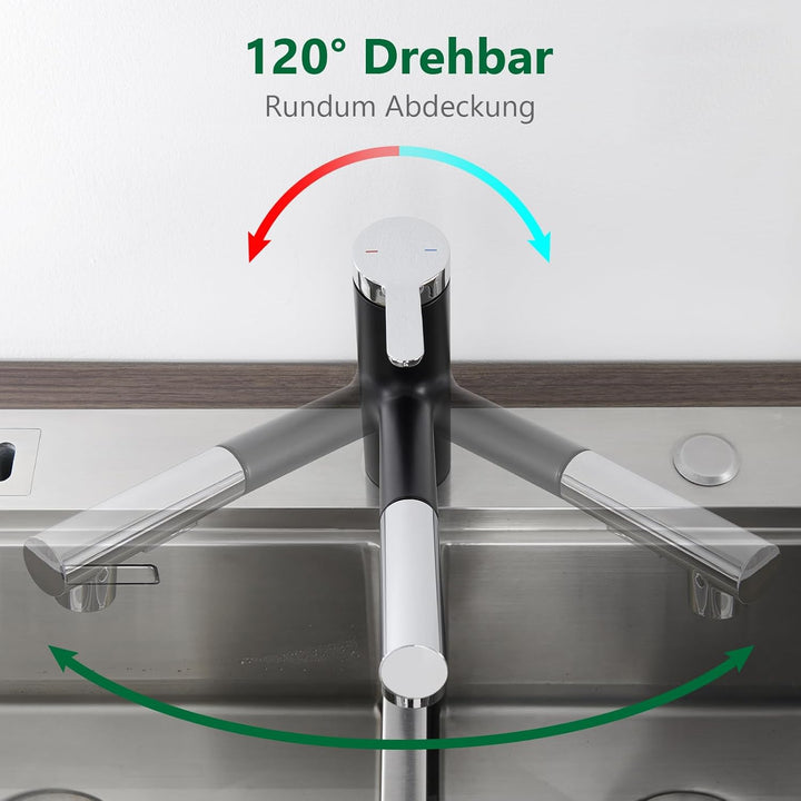 Kelleria Wasserhahn Küche Schwarz, Küchenarmatur mit Brause Ausziehbar 120° Drehbare, Spültischarmat