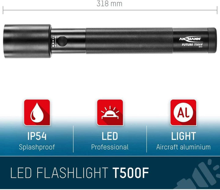 ANSMANN LED Taschenlampe T500F mit 970 Lumen - Handlampe stufenlos fokussierbar, robust, dimmbar, 19