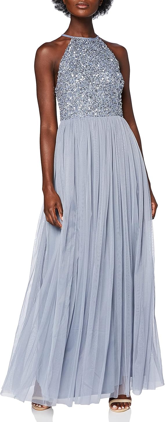 Maya Deluxe Damen Maxikleid Brautjungfer Neckholder Pailletten Verziert Abschlussball Hochzeit Dleid