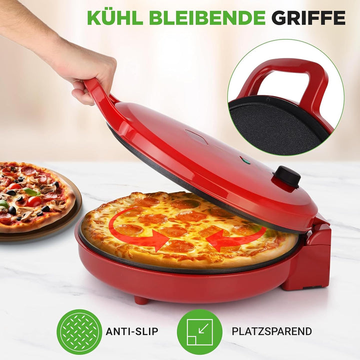 NutriChef Elektrischer Pizzaofen Rot – 1500W Kompaktgerät für 30cm Pizza Antihaftplatte für Pizza, T
